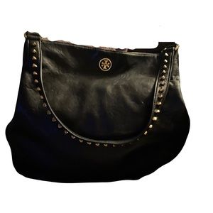 Tory Burch black leather Pyramid Studded Hobo bag with gold-tone hardware